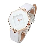 Top Plaza Women Fashion White PU Leather Wrist Watch Rhombus Rhinestone Rose Gold Case Non Scale Analog Quartz Watch
