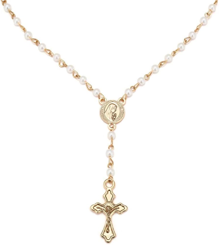 YRY Golden Cross Necklace for Women with Pearl Long Cross Pendant Choker Necklace