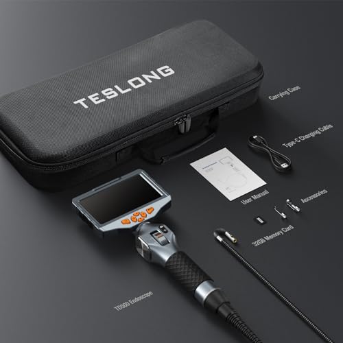 Teslong Articulating Borescope with Dual Lens Endoscope, 5-inch IPS Automotive Inspection Camera with Two-Way Articulation Tip, 6+1 LED Lights, Mechanics Fiber Optic Scope-Dia. 0.25 inch & L 5.0 feet