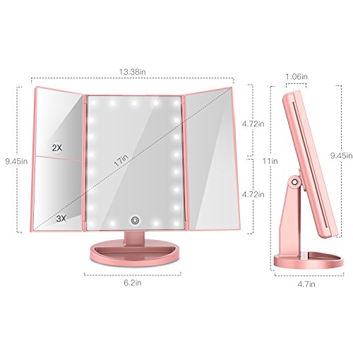 BESTOPE Makeup Vanity Mirror with 3x/2x Magnification,Trifold Mirror with 21 Led Lights,Touch Screen, 180° Adjustable Rotation,Dual Power Supply, Countertop Cosmetic Mirror (Pink Gold)