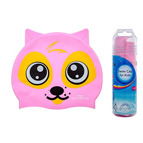 AqtivAqua Silicone Swimming Cap for Boys and Girls (Ages 2-9) + Storage Tube by Comfortable and Easy to Use Protective Swim Cap for Kids (Pink Color)