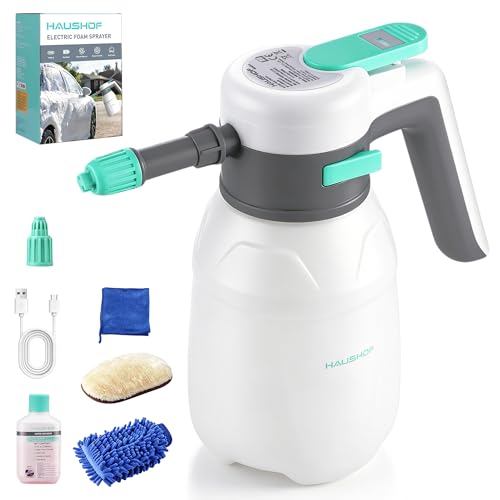 HAUSHOF Espumador Eléctrico para Coche 1,8L, Pulverizador de Espuma 2 en 1 | Inalámbrico 8V, 2 Boquillas Ajustables, Uso sin Bombeo Manual, Incluye Detergente, Guantes y Toalla