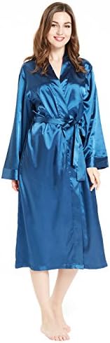lantisan Silky Satin Robe for Women, Long Bathrobe Full Length V-Neck Dressing Gown, Blue M