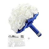 OurWarm Dark Blue Crystal Roses Pearl Bridal Bridesmaid Wedding Bouquet Artificial Silk Flowers