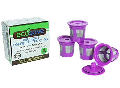 ECO-Save Reusable K-Cup Coffee Pod Filters | Refillable Capsules with Built-In, Integrated Mesh Strainer, 4-Pack