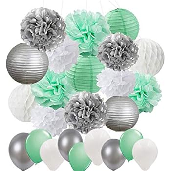 Amazon Com Baby Shower Decorations 45pcs Mint Green Silver White