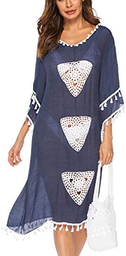 Women's Bathing Suit Cover ups Tassel Crochet Trim Adjustable Hollow Waist Bikini Swimwear Cover up Beach Dress