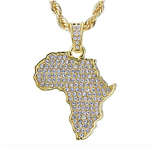 ICE BOX 14K Gold Africa Map Pendant Chain.1.5 Carat CZ Diamond African Charm Necklace. Ankh Phaon Eye of Ra Hours King. Silver Bust Down Hip Hop African Egyptian Jewelry 24in (Gold)