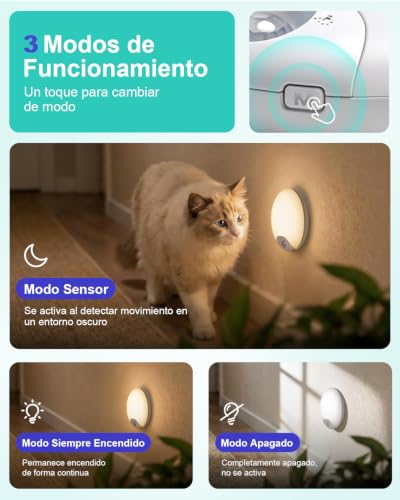 Luz Nocturna Sensor Movimiento Interior, Lampara LED Recargable 3 Modos (Auto/Encendido/Apagado), Luz de Noche Regulable Blanco Cálido/Natural/Frío, Iluminación para Escaleras, Armarios, 4 Piezas
