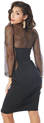 Women Girl Sexy Bodycon Stitching See-through Grid Lace Dress (L)