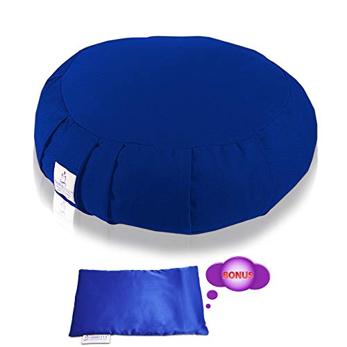 OMMETTA Buckwheat Meditation Cushion – Natural and Organic Filled Yoga Pillow with Removable Machine Washable Anti-UV Cover [7 Colors – Round, Crescent] (Buckwheat Round – Blue, Buckwheat Round)