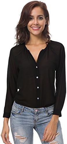 Women's V Neck Casual Tops Button Down High Low Hem Chiffon Relaxed Fit Blouse (M, Black)