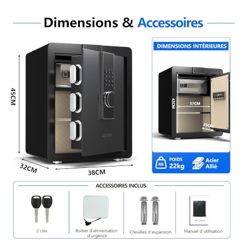 22KG Lourd Coffre Fort en Acier, 52L Coffre-fort Électronique avec Digitale Code et Clé, pour Maison et Bureau, Idéal pour Bijoux, Argent et Documents A4, Notice en Français (Noir,52L)