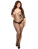 Curbigals Sexy Gorgeous Floral Lingerie Plus Size Crotchless Sleeved Bodystocking Bodysuit (Black, XXXXL|US 26-28W)