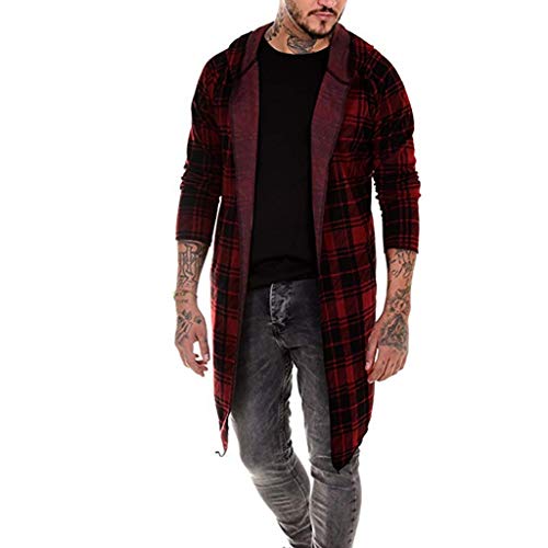 MIS1950s Men Splicing Hooded Trench Long Coat Stylish Plaid Cardigan Jacket - Thumbnail 2