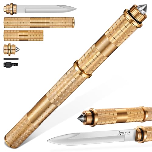 41K4KYrpSdL Japaknives Outdoor Messer Survival 5 In 1 Feststehende Messer Multifunktionsstock Mit Pfeife Glasbrecher D2 Stahl Jagdmesser Abnehmbares Bushcraft Messer Für Männer Camping Wandern Goldenes