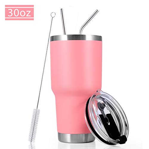 30oz Stainless Steel Insulated Pink Tumbler Travel Mug with Straw Slider Lid, Cleaning Brush, Double Wall Vacuum