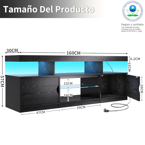 Simple Wisdom Mueble para TV de 75 Pulgadas, Moderno Mueble para TV con tomacorriente, Centro de Interior de Alto Brillo con Almacenamiento y Luces LED, Negro