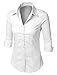 LE3NO Womens Roll Up 3/4 Sleeve Button Down Shirt with Stretch, L3NWT574A_WHITE, Medium