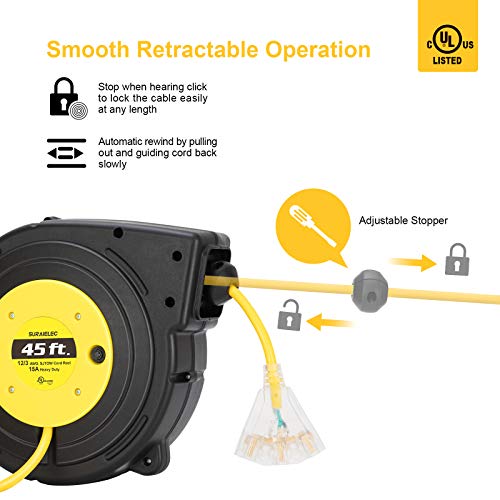 SURAIELEC 12 Gauge Extension Cord Reel, 45 FT Retractable Extension