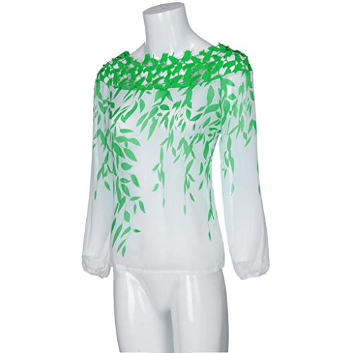 Respctful✿Women Plus Size Hollow Chiffon Blouse Long Sleeve Casual Tops Shirts Boho Leaf Printed Tunic for Woman Green - Thumbnail 5