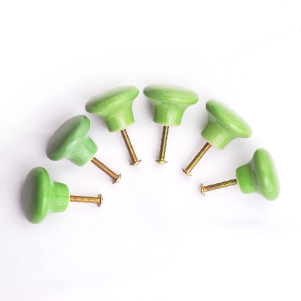 YEQOO Ceramic Porcelain china Vintage Round Style Bedroom Door Cabinet Cupboard Drawer Knob Pull Handle, Button shape,Set of 6 (Green)