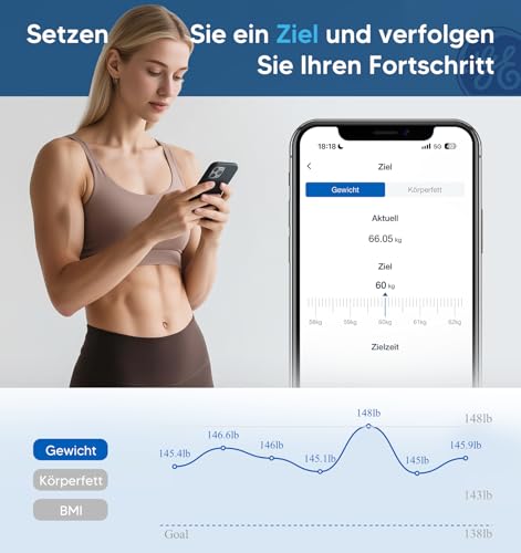 GE Digital Body Fat Scales with Large Display, Smart Scales with Body Fat and Muscle Mass with App 14 Body Measurements BMI Bluetooth Personal Scales up to 180 kg / 400 lb