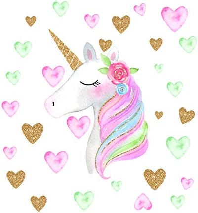 HUABEI Wall Decals Cute Unicorn Golden Pink Heart Wall Sticker for Girls Vinyl Peel and Stick Fairy Removable Baby Kids Room Nursery Party Decoration