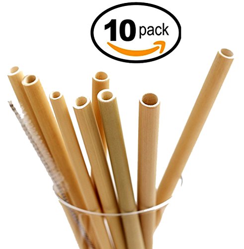 Organic Bamboo Straws with Coconut Fiber Brush 20cm 8" Drinking Biodegradable Reusable Kids and Adults - Set of 10 Assorted Sizes with Bag - Handcrafted Natural Alternative to Plastic By ROYZAZA