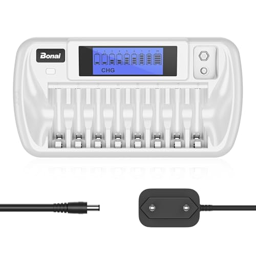 BONAI 8+1 Slots LCD Battery Charger, Universal AA/AAA/9V Ni-MH, Smart LCD Display, Independent Charging, Built-in Discharge Function