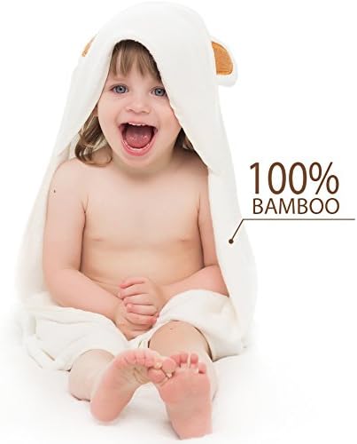 Revega - Hooded Baby Towel for Boys and Girls - Infant or Toddler – Good for Bath and Beach - Soft Organic Bamboo Material - White Color with Bear Brown Ears - 30x30-Inch