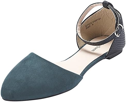 LuckySuen Pointy Toe Ankle Strap Buckle Ballet Flat Shoes (9 B(M) US, Dark Green)