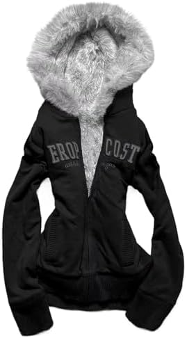 OANTGM Y2k Zip Up Hoodie Fur Jackets Emo Grunge Crop Winter Coats