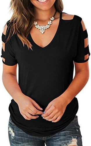 Oubaybay Women's V Neck T Shirts Casual Loose Hollow Out Shoulder Tops Tees Blouses