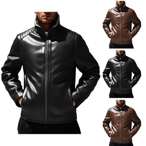Leather Jacket Mens Long Sleeve Full Zip Fur Stand Collar Coats Winter Jackets for Men Vintage Leather Jackets Mens Winter Coat Bomber Jacket Men