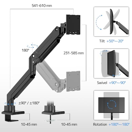 PUTORSEN 17-49 Inch Monitor Mount, Max 20 kg, Premium Aluminium Screen Mount for Flat/Curved Monitor with VESA 75 x 75/100 x 100 mm, Gas Spring Monitor Desk Mount