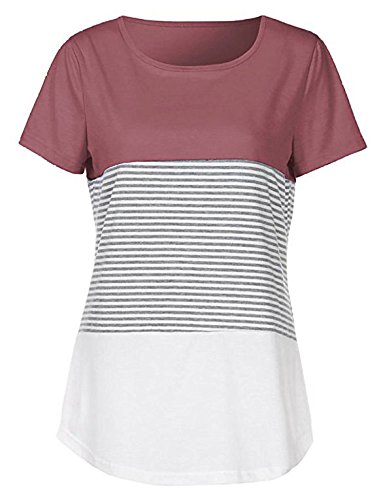 Women\'s Short Sleeve Tops Striped Casual Blouses T Shirt Pink 2XL