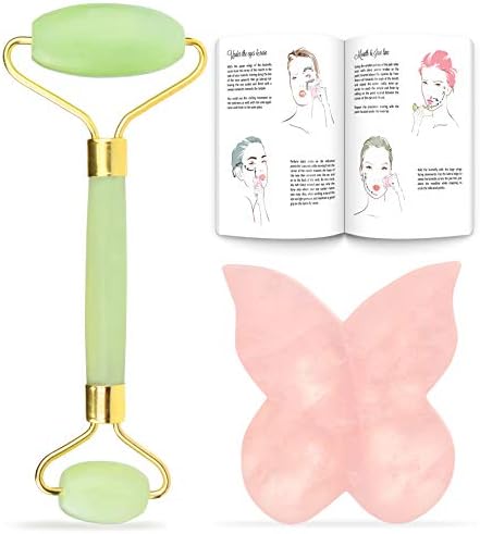 Jade Roller Face - Rose Quartz Gua Sha Massage Tool - Anti Aging Therapy 100% Natural