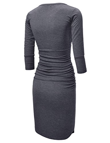 NEARKIN (NKNKWMD721 Womens Figure Hugging Shirred 3/4 Sleeve Henley Midi Dress Darkgray US L(Tag Size XL) - Thumbnail 2