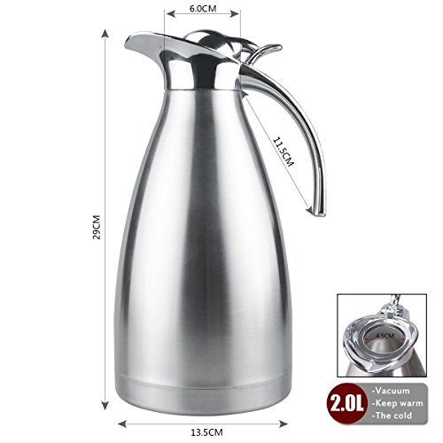 Thermal Carafe Stainless Steel Double Wall Vacuum Insulated 68 Oz Large Capacity Tea/Water Pitcher with Press Button Silver-JUNING - Thumbnail 2
