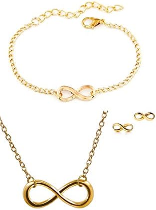 Infinity Lucky Number 8 Pendant Necklace Bracelet Stud Earrings Jewelry Set (Gold Filled)