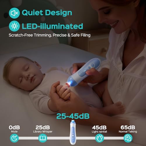 COSLUS C52 Baby Nail Trimmer Rechargeable: CPC Certified & Quiet Design - Gentle Baby Nail File for Trimming, Electric Baby Nail Kit with 5 Modes & 6 Grinding Heads for Infant toddler Kid, Baby Blue