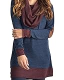 Omerker Womens Scarf Neck Patchwork Long Sleeve Tunic Midi Sweatshirt