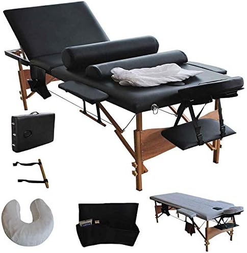 Folding Massage Tables,84'' Professional Portable 3 Fold Facial Massage Bed Salon SPA with Sheet, Cradle Cover, 2 Bolster with Backrest with Carry Case Black