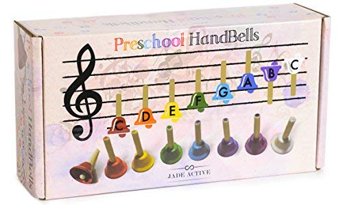 Handbell Set - 8 Note Diatonic Metal Bells - Musical Bells for Children - Musical Learning at an Early Age - Song Sheet included