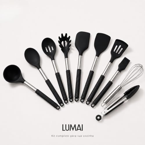 LUMAI Kit Utensílios de Cozinha Inox e Silicone 10 Peças com Suporte - Preto