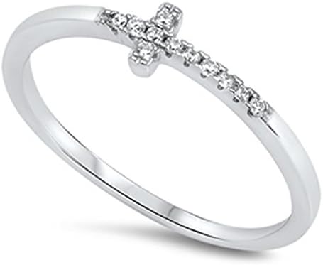 Prime Jewelry Collection Sterling Silver Women's Colorless Cubic Zirconia Micro Pave Sideways Cross Ring (Sizes 4-10) (Ring Size 7)