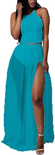 Women's Sleeveless Mesh Slit Crop Top Skirt Set 2 Pieces Outfits Party Maxi Dresses Clubwear Small Blue