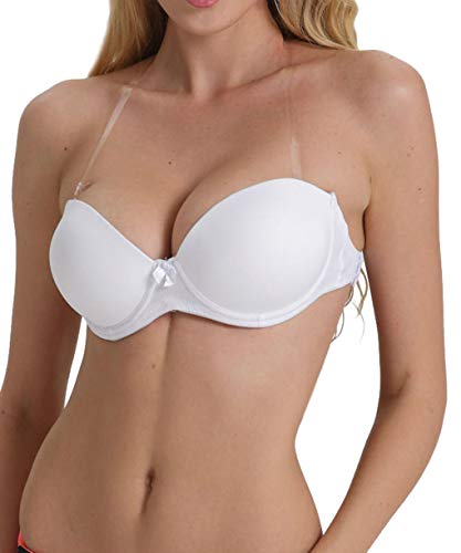 Strapless Bra with Clear Back Invisible Strap Push Up Padded Underwire Backless Halter Bralette 36D, White