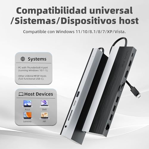 Estación de Acoplamiento USB-C para 3 monitores, con HDMI, DP, VGA, 100 W PD, USB3.0 & 2.0, RJ45, SD/TF-Slots, Audio/Micrófono, para Lenovo/HP/DELL, etc. - Gris